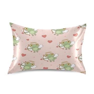 Imagem de Blueangle Fronha de cetim refrescante para cabelo e pele, capa de almofada cupido sapo verde, tamanho padrão 51 x 66 cm com fecho de envelope (66)