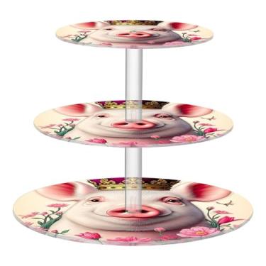 Imagem de Suporte de cupcake para festa de chá, 3 camadas, redondo, fofo, coroa de porco, flor, copo para exibição de acrílico, torre de bolo, chá de bebê, suporte de sobremesa, bandeja de servir comida bar