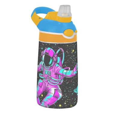 Imagem de Garrafa de água infantil Astronaut Space Dark Black para escola, 473 ml Tritan 473 ml, garrafa de água esportiva com canudo, copo infantil portátil à prova de vazamento, alça de transporte