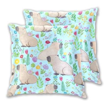 Imagem de Joitme Lindo conjunto de 2 capas de almofada de flores coloridas capivaras fofas, decoração de sofá-cama, 40,6 x 40,6 cm, 2 peças