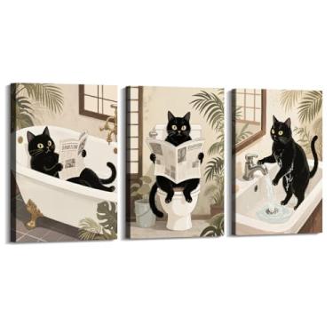 Imagem de Arte de parede em tela de gato preto engraçado na banheira gato fofo lavar suas patas lendo pôster de jornal banheiro impressões animais decoração de parede (SKU4-3PCS, 28x35.6 cm), emoldurado (tela