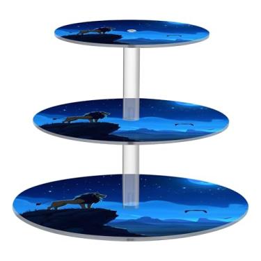 Imagem de Majestic Lion Moonlit Mountain Blue Tea Party Cupcake Stand 3 camadas redondo acrílico display copo torre de bolo aniversário casamento servir donut suportes para decoração de mesa