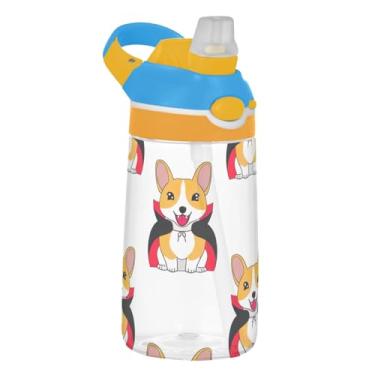 Imagem de Cute Dogs Garrafa de água infantil branca com canudo 473 ml 473 ml Garrafa de água de plástico Tritan à prova de vazamento, reutilizável, copos de viagem para crianças, portátil, alça de transporte