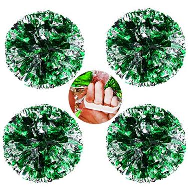 Imagem de Pacote com 4 pompons líderes de torcida Auhakyy com anel para dedos amigáveis, pompons líderes de torcida metálicos brilhantes, flores de mão de torcida premium para jogos esportivos de dança – 80 g/por, Green/Silver