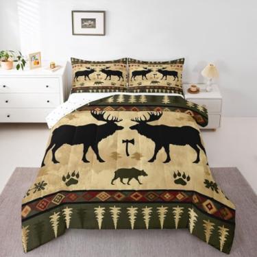 Imagem de jejeloiu Conjunto de edredom fofo para todas as estações, caça de veado, com 2 fronhas, cabana rústica, de microfibra, para crianças, animais selvagens, decoração de quarto, edredom respirável, macio