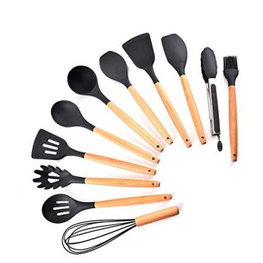 Imagem de Conjunto de Utensílios Cozinha Silicone com 11 Peças Cabo Madeira Fagus Ferramentas Antiaderentes à Prova Calor Colher Espátula Concha Turner Furada S