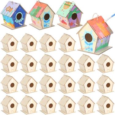 Imagem de DoubleFill Pacote com 72 casas de pássaros de madeira de 11 cm a granel para crianças com pino de poleiro frontal, kit de casa de pássaros para uso ao ar livre, atividades de aula para meninas e