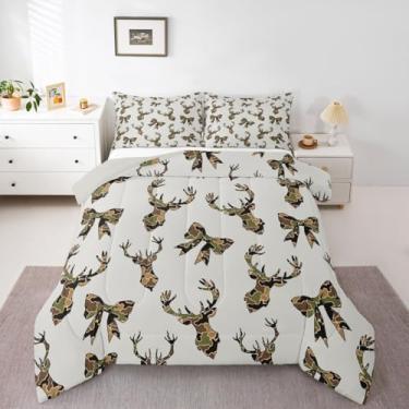 Imagem de Feelyou Conjunto de edredom camuflado de caça de veado, tamanho casal, para meninos, crianças e adolescentes, com laço camuflado, verde e 1 edredom e 2 fronhas