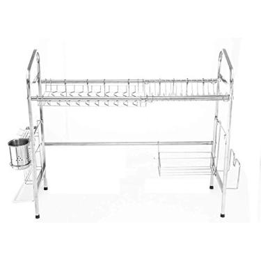 Imagem de Escorredor de louça, prateleira de drenagem multifuncional de 2 camadas com suporte de utensílios, escorredor de pratos em forma de H, resistente à ferrugem, escorredor de pratos para cozinha para