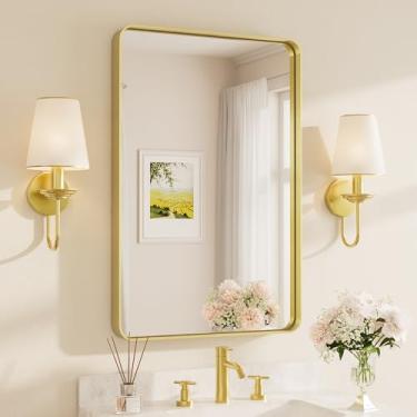 Imagem de TETOTE Espelho de banheiro dourado escovado, espelho com moldura de metal de 61 x 91 cm, espelho retangular de latão escovado montado na parede (horizontal/vertical)