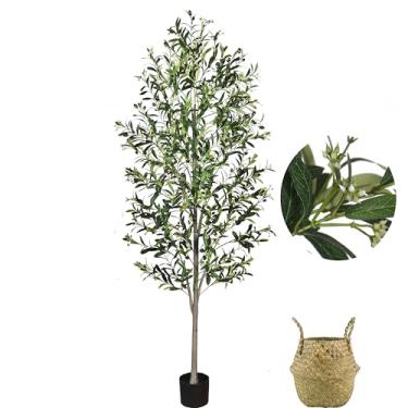 Imagem de Planta de seda de oliveira artificial de 1,8 m, oliveira realista com 1440 folhas e 80 frutas, contendo botões de flores, com cesta de tecido, em vaso, adequada para decoração de casa e presentes de