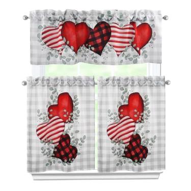 Imagem de Zifmrtrwn Cortinas de cozinha Valentine Conjunto de 3 peças, cortinas de corações de amor, saia e camadas para cozinha, casa, interior, café, 91 cm, cortina de janela curta sobre a pia, decoração de