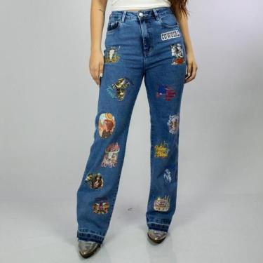 Imagem de Calça Jeans Azul Feminina Wide Leg Estampada Western Design Moda Count