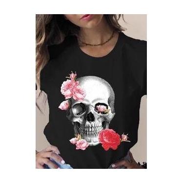 Imagem de Camiseta Feminina Diversas Estampas Caveira Flores Borboletas - Dinka,