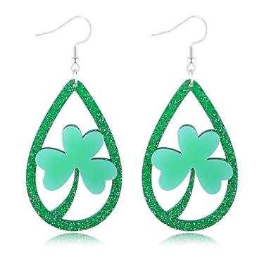 Imagem de Brincos de trevo de Dia de São Patrício para mulheres, brincos de trevo de lágrima de coração verde irlandês e trevo com pingente de trevo com glitter, brincos de Dia de São Patrício para mulheres
