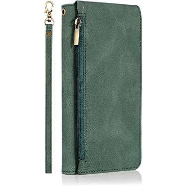 Imagem de GANYUU Capa carteira com zíper para iPhone 14/14 Plus/14 Pro/14 Pro Max, capa de telefone de couro PU premium com alça de pulso slots de cartão suporte capa de notebook flip magnético (cor: verde, tamanho: 14Plus)