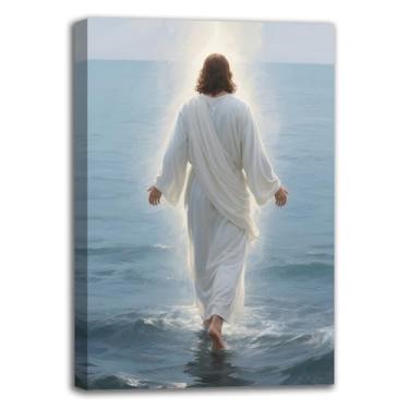 Imagem de Arte de parede Jesus andando sobre a água, impressão de pôster de história bíblica religiosa cristã, luz divina decoração religiosa moderna para sala de estar quarto sala de oração 61 x 91 cm