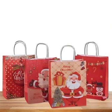 Imagem de Kit 10 Sacolas de Presente Natalinas de Papel 26cm com Alça Estampas Sortidas para Panetone e Lembranças