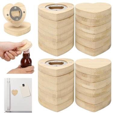 Imagem de 24 peças de abridores magnéticos de bambu em formato de coração de bambu de 6,5 cm, abridor de cerveja de madeira, ímã de geladeira, adesivo de presente para amantes de cerveja, convidado de casamento