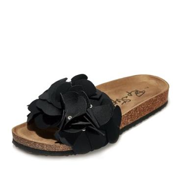 Imagem de PepStep Sandálias deslizantes para mulheres ou senhoras elegantes de verão casual, lindo nó de laço na alça superior, confortável para pés de cortiça, Floral preto, 42