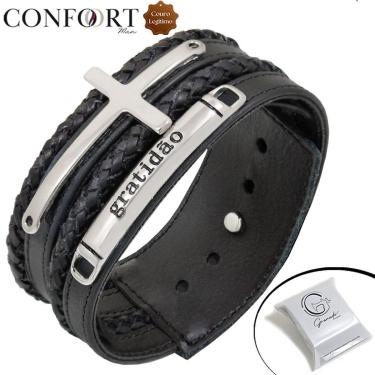 Imagem de Pulseira Ajustável De Couro Preto Masculina Trança Gratidão Artesanal-Unissex