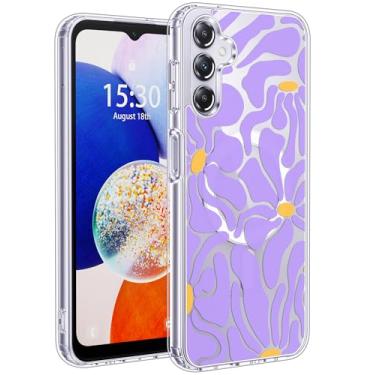 Imagem de Jkvare Capa para Samsung Galaxy A14 compatível com MagSafe, capa protetora magnética sem fio com padrão estético cristalino para mulheres e meninas - flores roxas