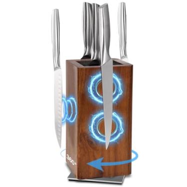 Imagem de 360° Suporte Magnético para Facas, 12×12×24cm, Bloco Magnético de Faca para Facas, Suporte de Madeira Natural, Organizador de Armazenamento de Faca de Lado Duplo
