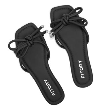 Imagem de FITORY Sandália feminina rasteira quadrada aberta com nó fofo para o verão tamanho 6-11, Todo preto, 40