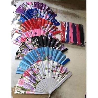 Imagem de Leque de Tecido Colorido/PRETO Estampado Plastico perfeito para lembrancinha Casamento 23cm*44cm (COM Glitter-Colorido-aleatório,1PC)