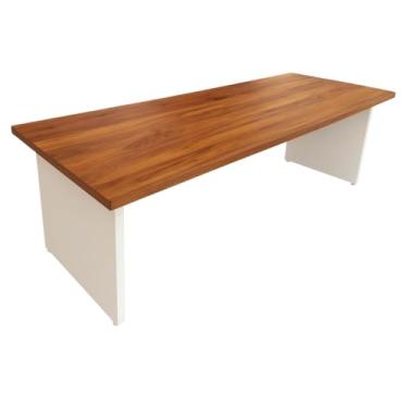 Imagem de Escrivaninha Mesa Madeira Teca 4cm Escritório Madeira Maciça Setup Gamer (VERNIZ MEL/BASE BRANCA, 120x70cm)