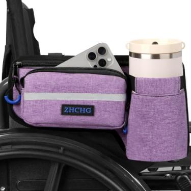 Imagem de Bolsa lateral para cadeira de rodas atualizada com suporte de copo, bolsa de apoio de braço para cadeira de rodas para andador, bolsa de armazenamento de acessórios para cadeira de rodas - roxo