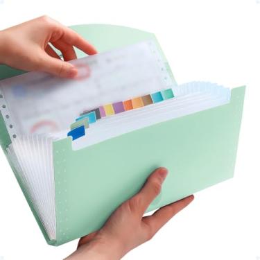 Imagem de Mini pasta organizadora sanfonada com 12 divisórias para recibos, papéis dobrados e documentos pequenos, ideal para organização portátil no escritório, estudo ou uso doméstico (Verde)