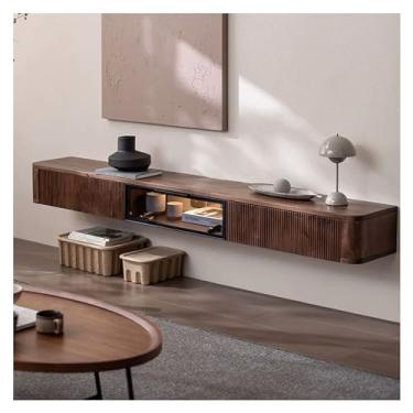 Imagem de Suporte de TV flutuante de luxo com gavetas e armário de exibição, centro de entretenimento de parede de madeira, console de mídia moderno para embaixo da TV, banco de TV para sala de estar