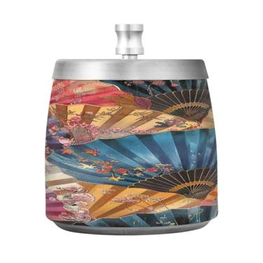 Imagem de STAYTOP Cinzeiro de leque de flores estilo japonês com tampa, bandeja de cinzeiro de aço inoxidável à prova de vento, sem fumaça, grande cinzeiro de cigarro ao ar livre para decoração de escritório em