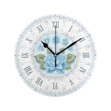 Imagem de Relógio de parede redondo com estampa de flor de rosa vintage, operado por bateria, relógio de parede silencioso sem tique-taque, relógio de mesa silencioso para decoração de sala de estar (azul)