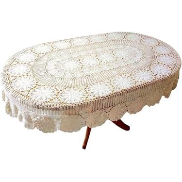 Imagem de USTIDE Toalha de mesa grande de crochê, oval 150 x 304 cm, toalha de mesa de renda de algodão bege, sobreposição oval rústica para festa de casamento