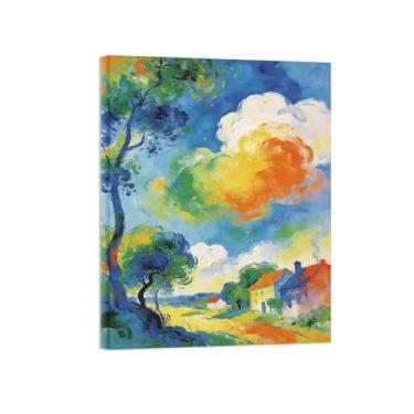 Imagem de BMZFYBS Impressão em tela de arte de parede de paisagem - Pintura de árvore de aldeia - Imagens para sala de estar pronta para pendurar tela embrulhada 80 x 105 cm 31 x 41 pol