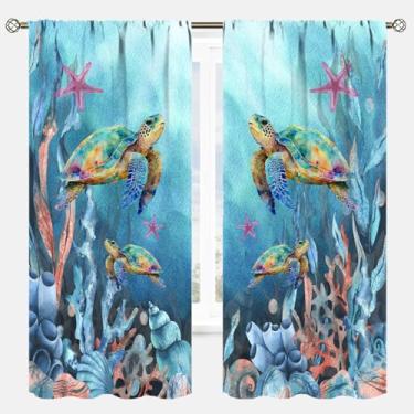Imagem de Cortinas blackout náuticas tartarugas marinhas oceânicas animais submarinos concha verde menta planta marinha coral, algas marinhas, cortinas para quarto de crianças, sala de estar, cozinha, janela