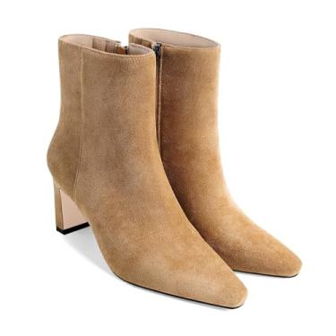 Imagem de MICIFA Botas femininas de cano baixo, salto grosso, bico quadrado, salto quadrado, com zíper lateral, outono, inverno, botas curtas, Camelo de camurça, 36