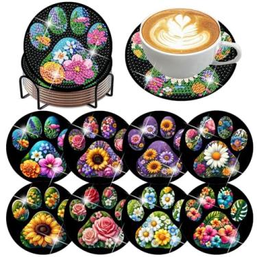Imagem de Pacote com 8 kits de porta-copos de arte de diamante, kit de porta-copos de pintura de diamante de pata de cachorro com suporte, kit de artesanato de flores e diamantes arte antiderrapante para