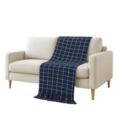 Imagem de Manta para Sofá Gigante 2,40x1,80m Casal Algodão Macio Decorativa(Azul Marinho Xadrez)