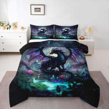 Imagem de Feelyou Conjunto de edredom de dragão, solteiro, para crianças, meninos, meninas, vida selvagem, decoração de quarto, preto, roxo, 2 peças com 1 fronha