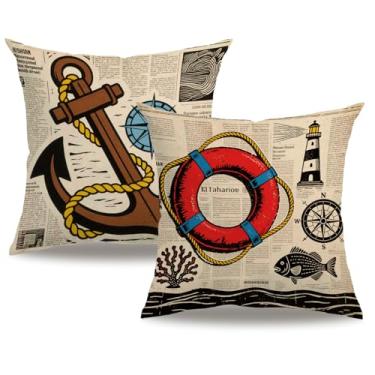 Imagem de 7COLORROOM Conjunto de 2 capas de almofada vintage com tema de mar com boia salva-vidas estilo náutico e oceânico e capas de almofada com estampa de âncora de algodão de praia e linho decorativo para