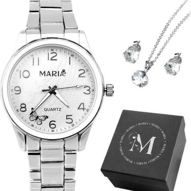 Imagem de Relogio Aço Inox Banhado Feminino + Brincos Colar + Caixa Presente Qualidade Premium Garantia Casual