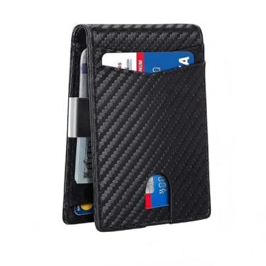 Imagem de Carteira masculina fina de fibra de carbono dobrável com bloqueio de RFID, bolso frontal, suporte fino para cartão de crédito com caixa de presente, Preto fosco, Moderno