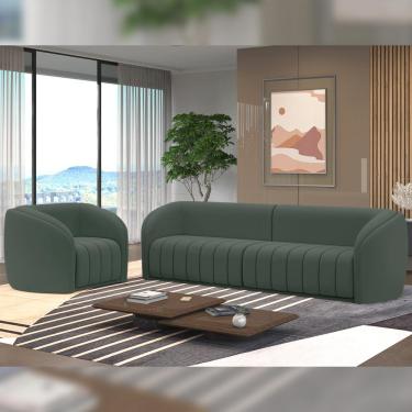 Imagem de Conjunto Sala de Estar Sofá 332cm 4 Lugares e Poltrona Adam Veludo Cinza G45 - Gran Belo