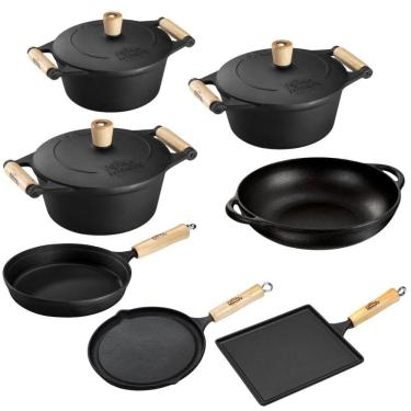 Imagem de Jogo De Panelas 7 Peças Em Ferro Fundido E Alça De Madeira Panela Mineira