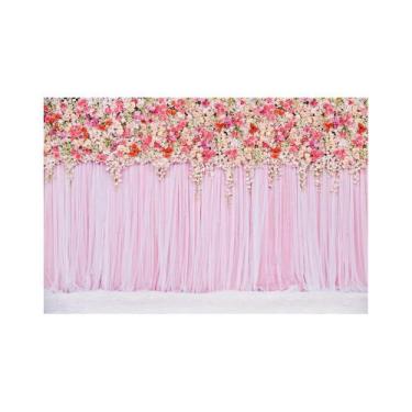 Imagem de Painel De Tecido Sublimado Imita Cortina de Flores com Fundo Rosa - Fa