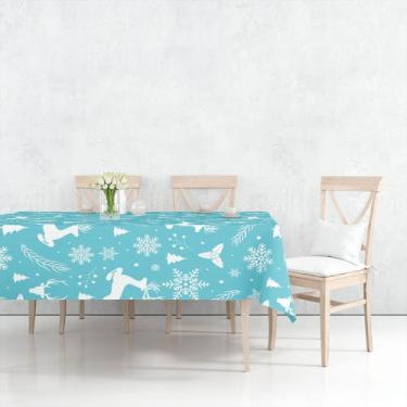 Imagem de Toalha De Mesa Retangular 8 Lugares Tecido Oxford Renas Flocos de Neve