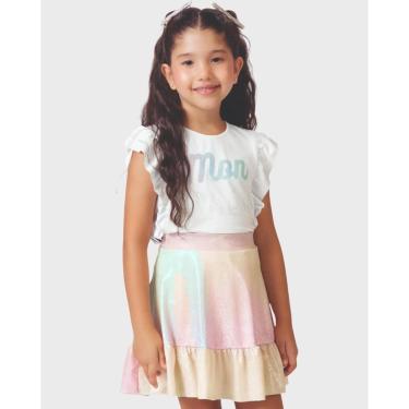 Imagem de Conjunto blusa saia colorida verão vibrante leve moderno - Rosa e OffWhite - Menina 4 a 14 anos-Feminino